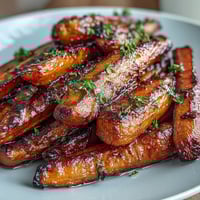 A golden tray of honey-roasted carrots and parsnips glistening with sweet glaze, perfect alongside roasted ham.