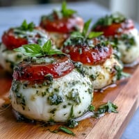 Colorful Caprese skewers with juicy cherry tomatoes, creamy mozzarella, and fresh basil, drizzled with vibrant homemade pesto.  