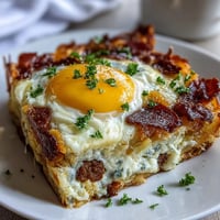 Overnight Amish Breakfast Casserole for a Crowd with golden eggs, sausage, and melted cheese, ready to feed a hungry group.