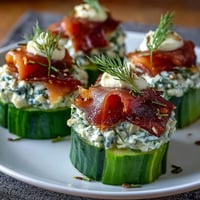 Cucumber bites topped with creamy dill cream cheese and smoked salmon, garnished with capers and fresh dill.