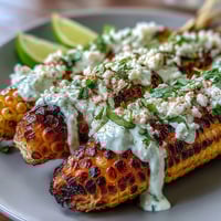 Grilled corn on the cob coated in creamy elote sauce, sprinkled with cheese and chili.