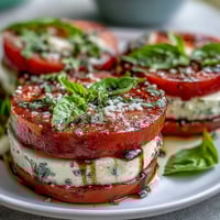 Vibrant Caprese salad with ripe tomatoes, mozzarella, and fresh basil drizzled with fragrant basil oil.