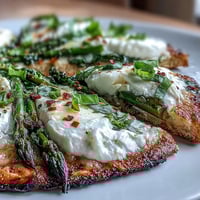Roasted asparagus flatbread with burrata and lemon, topped with fresh basil and chili flakes for a vibrant appetizer.  