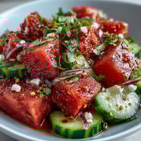 A vibrant watermelon cucumber salad with Tajin and lime, bursting with juicy fruit and zesty seasoning for a refreshing summer dish.