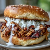 Smoked pulled chicken piled high on soft buns with tangy Alabama-style white BBQ sauce and crisp coleslaw. Juicy, tender chicken smoked low and slow, shredded and tossed in creamy, zesty white sauce. Smoky pulled chicken sandwiches with creamy white BBQ sauce, served on toasted buns for a Southern-inspired flavor explosion.