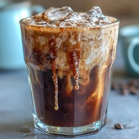 Iced brown sugar oat milk shaken espresso in a clear glass with ice cubes and a swirl of creamy oat milk.