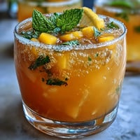 Vibrant tropical punch with mango, pineapple, and sparkling lemonade, garnished with fresh fruit slices and mint for a festive graduation celebration.