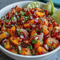 Vibrant peach jalapeño salsa, a sweet and spicy topping for grilled fish.